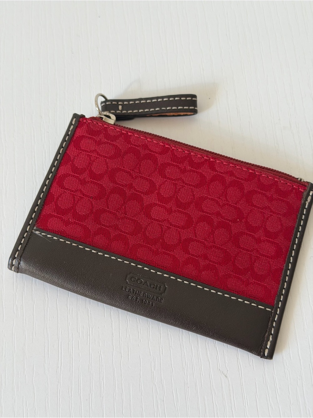 Coach Red and Brown Signature Zip Card Case